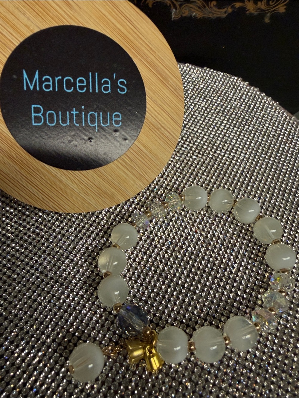 White Beaded Stretch Bracelet with Gold Accent